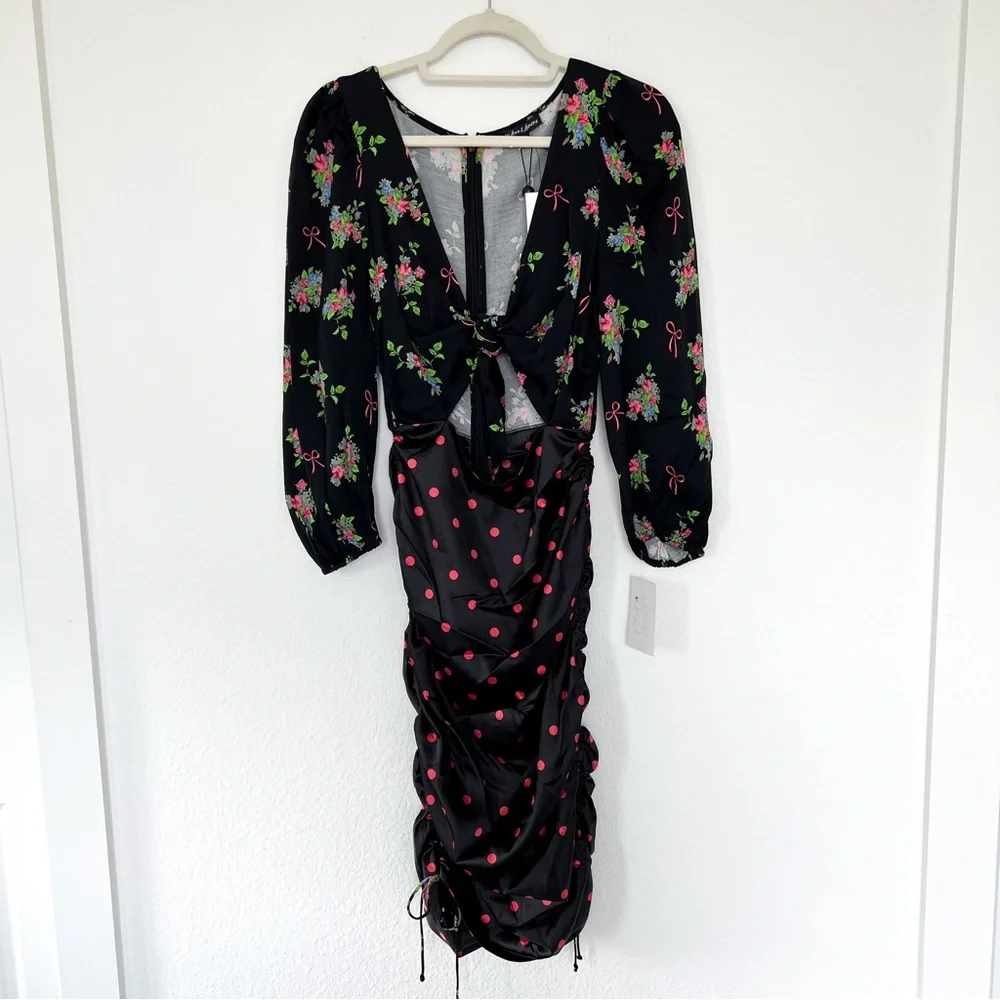 NWT For Love & Lemons Wilson Print Ruched Midi Dress in Polka Dots & Floral - Picture 4 of 10